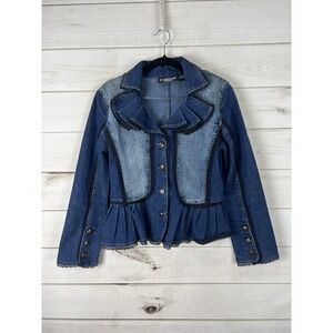 The Pyramid Collection Jacket Womens Small Blue Denim Lace Ruffle Peplum Y2K